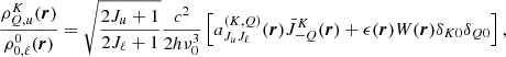 Mathematical equation: $$ \begin{aligned}&\frac{ \rho ^K_{Q,u}(\boldsymbol{r})}{\rho ^0_{0,\ell }(\boldsymbol{r})} = \sqrt{\frac{2J_u + 1}{2J_\ell + 1}} \frac{c^2}{2 h \nu _0^3} \left[ a_{J_u J_\ell }^{(K,Q)}(\boldsymbol{r})\bar{J}^K_{-Q}(\boldsymbol{r}) + \epsilon (\boldsymbol{r})W(\boldsymbol{r})\delta _{K0} \delta _{Q0} \right], \end{aligned} $$