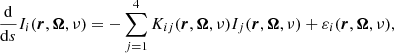 Mathematical equation: $$ \begin{aligned} \frac{\mathrm{d} }{\mathrm{d} s} I_i(\boldsymbol{r},\boldsymbol{\Omega },\nu ) = - \sum _{j=1}^4 K_{ij}(\boldsymbol{r},\boldsymbol{\Omega },\nu ) I_j(\boldsymbol{r},\boldsymbol{\Omega },\nu ) + \varepsilon _i(\boldsymbol{r},\boldsymbol{\Omega },\nu ), \end{aligned} $$