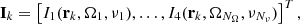Mathematical equation: $$ \begin{aligned} \mathbf I _k=\left[I_1(\mathbf{r }_k,\mathbf {\Omega} _1,\nu _1),\ldots ,I_4(\mathbf{r }_k,\mathbf {\Omega} _{N_\Omega },\nu _{N_\nu })\right]^T, \end{aligned} $$