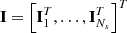 Mathematical equation: $ \mathbf{I}=\left[\mathbf{I}_1^T,\ldots,\mathbf{I}_{N_s}^T\right]^T $