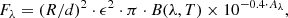 Mathematical equation: $$ \begin{aligned} F_{\lambda }=(R/d)^2 \cdot \epsilon ^2 \cdot \pi \cdot B(\lambda , T) \times 10^{-0.4 \cdot A_{\lambda }}, \end{aligned} $$