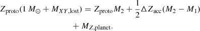 Mathematical equation: $$ \begin{aligned}&Z_{\rm proto}(1\,M_{\odot }+M_{XY,\mathrm{lost}})= Z_{\rm proto}M_2+\frac{1}{2}\Delta Z_{\rm acc}(M_2-M_1) \nonumber \\&\qquad \qquad \qquad \qquad \qquad \quad + M_{Z,\mathrm{planet}}. \end{aligned} $$