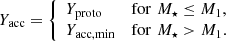 Mathematical equation: $$ \begin{aligned} Y_{\rm acc}= {\left\{ \begin{array}{ll} Y_{\rm proto}&\mathrm{{for}}\,\, M_{\star }\le M_1, \\ Y_{\rm acc,min}&\mathrm{{for}}\,\, M_{\star }> M_1. \end{array}\right.} \end{aligned} $$