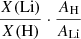 Mathematical equation: $ \frac{X(\mathrm{Li})}{X(\mathrm{H})}\cdot \frac{A_{\mathrm{H}}}{A_{\mathrm{Li}}} $