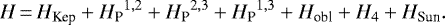 Mathematical equation: \begin{equation*}H\,{=}\,H_{\textrm{Kep}} + {H_{\textrm{P}}}^{1,2} + {H_{\textrm{P}}}^{2,3} +{H_{\textrm{P}}}^{1,3} + H_{\textrm{obl}} + H_4 + H_{\textrm{Sun}}.\end{equation*}