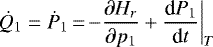 Mathematical equation: \begin{equation*} \dot Q_1 = \dot P_1\,{=}\,{-}\frac{\partial H_r}{\partial p_1} + \frac{\textrm{d}P_1}{\textrm{d}t}\bigg\vert_T \end{equation*}