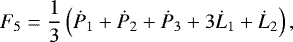 Mathematical equation: \begin{equation*} F_5 = \frac{1}{3}\left(\dot P_1+\dot P_2+\dot P_3+3\dot L_1+\dot L_2\right), \end{equation*}