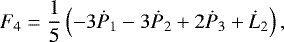 Mathematical equation: \begin{equation*}F_4 = \frac{1}{5}\left(-3\dot P_1-3\dot P_2+2\dot P_3 + \dot L_2 \right), \end{equation*}