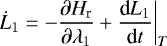 Mathematical equation: \begin{equation*}\dot L_1 = -\frac{\partial H_{\textrm{r}}}{\partial \lambda_1} + \frac{\textrm{d}L_1}{\textrm{d}t}\bigg\vert_T \end{equation*}