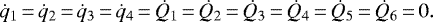 Mathematical equation: \begin{equation*}\dot q_1\,{=}\,\dot q_2\,{=}\,\dot q_3\,{=}\,\dot q_4\,{=}\,\dot Q_1\,{=}\,\dot Q_2\,{=}\,\dot Q_3\,{=}\,\dot Q_4\,{=}\,\dot Q_5\,{=}\,\dot Q_6\,{=}\,0.\end{equation*}