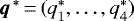 Mathematical equation: $\vec{q}^{\,*}\,{=}\,(q_1^*,\dots,q_4^*)$