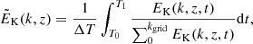 Mathematical equation: $$ \begin{aligned} \tilde{E}_{\rm K}(k,z)&= \frac{1}{\Delta T}\int _{T_0}^{T_1} \frac{E_{\rm K}(k,z,t)}{\sum _0^{k_{\rm grid}} E_{\rm K}(k,z,t)}\mathrm{d}t, \end{aligned} $$