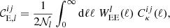Mathematical equation: $$ \begin{aligned} \mathcal{C} _{\mathrm{E},l}^{ij} = \frac{1}{2 {\mathcal{N} }_l} \int _0^\infty \mathrm{d} \ell \ell \; W^l_{\rm EE}(\ell )\; C^{ij}_{\kappa }(\ell ), \end{aligned} $$