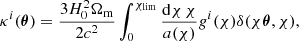 Mathematical equation: $$ \begin{aligned} \kappa ^i(\boldsymbol{\theta }) = \frac{3 H_0^2 \Omega _{\rm m}}{2c^2} \int ^{\chi _{\rm lim}}_0 \frac{\mathrm{d}\chi \, \chi }{a(\chi )} g^i(\chi ) \delta (\chi \boldsymbol{\theta }, \chi ), \end{aligned} $$