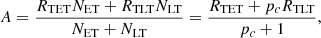 Mathematical equation: $$ \begin{aligned} A = \frac{R_{\rm TET} N_{\rm ET} + R_{\rm TLT} N_{\rm LT}}{N_{\rm ET} + N_{\rm LT}} = \frac{R_{\rm TET} + p_c R_{\rm TLT}}{p_c + 1}, \nonumber \end{aligned} $$