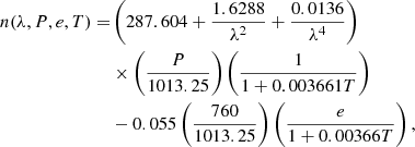 Mathematical equation: $$ \begin{aligned} n (\lambda , P, e, T) =&\left(287.604 + \frac{1.6288}{\lambda ^2} + \frac{0.0136}{\lambda ^4}\right)\nonumber \\&\times \left(\frac{P}{1013.25}\right) \left(\frac{1}{1 + 0.003661 T}\right) \nonumber \\&- 0.055\left(\frac{760}{1013.25}\right) \left(\frac{e}{1 + 0.00366 T}\right), \end{aligned} $$