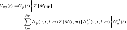 Mathematical equation: $$ \begin{aligned} V_{pq}(t) =&G_p(t)\bigg \{{\mathcal{F} }\left[M_{\mathrm{DIE}}\right]\nonumber \\& +\sum _{l,m}^{\mathrm{dir}}\Delta _p(\nu ,t,l,m){\mathcal{F} }\left[M(l,m)\right] \Delta _q^H(\nu ,t,l,m)\bigg \}G_q^H(t). \end{aligned} $$