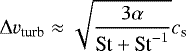 Mathematical equation: \begin{equation*}\Delta v_{\textrm{turb}} \approx \sqrt{\frac{3 \alpha}{\textrm{St} + \textrm{St}^{-1}}} c_{\textrm{s}} \end{equation*}