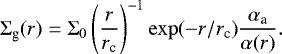 Mathematical equation: \begin{equation*}\Sigma_{\textrm{g}}(r) = \Sigma_0 \left(\frac{r}{r_{\textrm{c}}}\right)^{-1} \exp(-r/r_{\textrm{c}}) \frac{\alpha_{\textrm{a}}}{\alpha(r)}. \end{equation*}