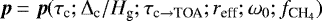 Mathematical equation: $\boldsymbol{p}=\boldsymbol{p}(\tau_{\textrm{c}}; \Delta_{\textrm{c}}/H_{\textrm{g}}; \tau_{{\textrm{c}\rightarrow {\textrm{TOA}}}}; r_{\textrm{eff}}; \omega_0; f_{{\textrm{CH}_4}})$