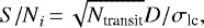 Mathematical equation: \begin{equation*}{S/N}_i\,{=}\,\sqrt{N_{\text{transit}}} D/\sigma_{\textrm{lc}} ,\end{equation*}