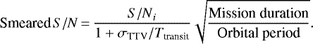Mathematical equation: \begin{equation*}\text{Smeared}\, {S/N}\,{=}\,\frac{{S/N}_i}{1+\sigma_{\textrm{TTV}}/ T_{\textrm{transit}}} \sqrt{\frac{\text{Mission duration}}{\text{Orbital period}}}.\end{equation*}