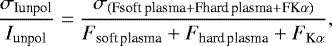 Mathematical equation: \begin{equation*} \frac{\sigma_{\textrm{Iunpol}}}{{I}_{\textrm{unpol}}} = \frac{\sigma_{(\textrm{Fsoft}\,\textrm{plasma} + \textrm{Fhard}\,\textrm{plasma} + \textrm{FK}\alpha)}}{{F}_{\textrm{soft}\,\textrm{plasma}} + {F}_{\textrm{hard}\,\textrm{plasma}} + {F}_{\textrm{K}\alpha}},\end{equation*}