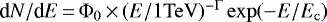 Mathematical equation: $\textrm{d}N/\textrm{d}E\,{=}\,\Phi_0\,{\times}\, (E/1\mathrm{TeV})^{-\Gamma} \exp(-{E/E_{\mathrm{c}}})$