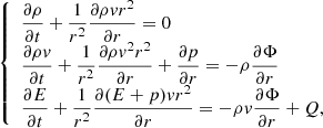 Mathematical equation: $$ \begin{aligned} {\left\{ \begin{array}{ll} \displaystyle \frac{\partial \rho }{\partial t} + \frac{1}{r^2}\displaystyle \frac{\partial \rho { v} r^2}{\partial r} = 0 \\ \displaystyle \frac{\partial \rho { v}}{\partial t} + \frac{1}{r^2}\displaystyle \frac{\partial \rho { v}^2r^2}{\partial r} + \displaystyle \frac{\partial p}{\partial r} = -\rho \displaystyle \frac{\partial \Phi }{\partial r} \\ \displaystyle \frac{\partial E}{\partial t} + \frac{1}{r^2}\displaystyle \frac{\partial (E + p){ v}r^2}{\partial r} = -\rho { v}\displaystyle \frac{\partial \Phi }{\partial r} + Q, \end{array}\right.} \end{aligned} $$