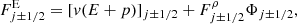 Mathematical equation: $$ \begin{aligned} F^\mathrm{E}_{j\pm 1/2} = [{ v}(E+p)]_{j\pm 1/2} + F^\rho _{j\pm 1/2}\Phi _{j\pm 1/2}, \end{aligned} $$