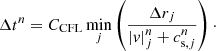 Mathematical equation: $$ \begin{aligned} \Delta t^n = C_{\mathrm{CFL}} \min \limits _j\left(\frac{\Delta r_j}{\vert { v}\vert _{j}^n+c_{\mathrm{s},j}^n}\right)\cdot \end{aligned} $$