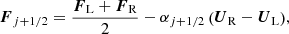 Mathematical equation: $$ \begin{aligned} \boldsymbol{F}_{j+1/2} = \frac{\boldsymbol{F}_{\rm L} + \boldsymbol{F}_{\rm R}}{2} - \alpha _{j+1/2}\left( \boldsymbol{U}_{\rm R} - \boldsymbol{U}_{\rm L}\right)\!, \end{aligned} $$