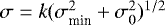 Mathematical equation: $\sigma = k(\sigma_{\textrm{min}}^2+ \sigma_0^2)^{1/2}$