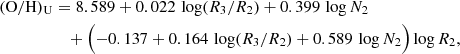 Mathematical equation: $$ \begin{aligned} (\mathrm{O/H} )_\mathrm{U}&= 8.589 + 0.022\,\log (R_3 / R_2) + 0.399\,\log N_2 \nonumber \\&\quad + \Bigl ( -0.137 + 0.164\,\log (R_3 / R_2) + 0.589\,\log N_2 \Bigr ) \log R_2, \end{aligned} $$