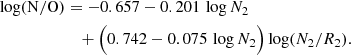 Mathematical equation: $$ \begin{aligned} \log (\mathrm{N/O} )&= -0.657 - 0.201\,\log N_2 \nonumber \\&\quad + \Bigl ( 0.742 - 0.075\,\log N_2 \Bigr ) \log (N_2 / R_2). \end{aligned} $$