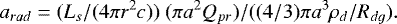 Mathematical equation: \[a_{rad} = (L_s/(4\pi r^2 c))~(\pi a^2 Q_{pr})/((4/3)\pi a^3\rho_d/R_{dg}).\]