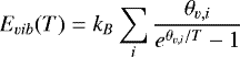 Mathematical equation: \begin{equation*} E_{vib}(T) = k_B \sum_i \frac{ \theta_{v,i} }{ e^{\theta_{v,i}/T}-1}\end{equation*}