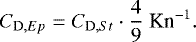 Mathematical equation: \begin{equation*}{C_{\mathrm D,Ep}} = {C_{\mathrm D,St}} \cdot \dfrac{4}{9}~\textrm{Kn}^{-1}.\end{equation*}