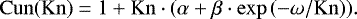Mathematical equation: \begin{equation*}\mathrm{Cun(Kn)}= 1 + \mathrm{Kn} \cdot (\alpha + \beta \cdot \exp{(-\omega / \mathrm{Kn})}).\end{equation*}