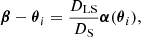 Mathematical equation: $$ \begin{aligned} \boldsymbol{\beta }-\boldsymbol{\theta }_i = \frac{D_{\rm LS}}{D_{\rm S}}\boldsymbol{\alpha }(\boldsymbol{\theta }_i), \end{aligned} $$