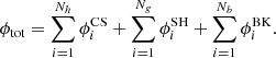 Mathematical equation: $$ \begin{aligned} \phi _{\rm tot}= \sum _{i=1}^{N_h}\phi _i^\mathrm{CS}+\sum _{i=1}^{N_{ g}}\phi _i^\mathrm{SH}+ \sum _{i=1}^{N_b}\phi _i^\mathrm{BK}. \end{aligned} $$