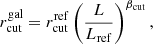 Mathematical equation: $$ \begin{aligned} r^\mathrm{gal}_{\rm cut}= r^\mathrm{ref}_{\rm cut} \left( \frac{L}{L_{\rm ref}} \right)^{\beta _{\rm cut}} , \end{aligned} $$