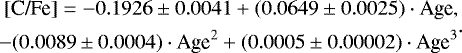Mathematical equation: \begin{equation*} \begin{split} [\textrm{C/Fe}] = {-}0.1926 \pm 0.0041 + (0.0649 \pm 0.0025) \cdot {\textrm{Age}}, \\ -(0.0089 \pm 0.0004) \cdot {\textrm{Age}}^{2} + (0.0005 \pm 0.00002) \cdot {\textrm{Age}}^{3} \end{split}.\end{equation*}