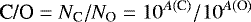 Mathematical equation: \begin{equation*}\textrm{C/O} = N_{\textrm{C}}/N_{\textrm{O}} = 10^{A(\textrm{C})}/10^{A(\textrm{O})} \end{equation*}
