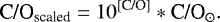 Mathematical equation: \begin{equation*} {\textrm{C/O}_{\textrm{scaled}}} = 10^{[\textrm{C/O}]} * {\textrm{C/O}_{\odot}}.\end{equation*}