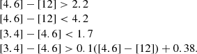 Mathematical equation: $$ \begin{aligned} \begin{array}{ll} {[4.6]}-[12] > 2.2\\ {[4.6]}-[12] < 4.2\\ {[3.4]}-[4.6] < 1.7\\ {[3.4]}-[4.6] > 0.1([4.6]-[12]) + 0.38. \end{array} \end{aligned} $$