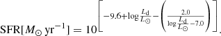 Mathematical equation: $$ \begin{aligned} \mathrm{SFR} [{M}_\odot \,\mathrm{yr}^{-1}] = 10^{\left[-9.6+{\log }\frac{L_{\rm d}}{L_\odot }-\left(\frac{2.0}{{\log }\frac{L_{\rm d}}{L_\odot }-7.0}\right)\right]}. \end{aligned} $$