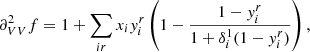 Mathematical equation: $$ \begin{aligned} \partial _{VV}^2 f&= 1+\sum _{ir}x_i{ y}_i^r\left(1-\frac{1-{ y}_i^r}{1+\delta _i^1(1-{ y}_i^r)}\right),\end{aligned} $$
