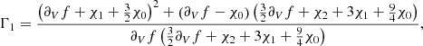 Mathematical equation: $$ \begin{aligned} \Gamma _1 = \frac{\left(\partial _{V} f + \chi _1 + \frac{3}{2}\chi _0\right)^2+\left(\partial _{V} f-\chi _0\right)\left(\frac{3}{2}\partial _{V} f + \chi _2 + 3\chi _1 +\frac{9}{4}\chi _0\right)}{\partial _{V} f\left(\frac{3}{2}\partial _{V} f + \chi _2 + 3\chi _1 +\frac{9}{4}\chi _0\right)} ,\end{aligned} $$