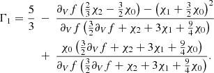 Mathematical equation: $$ \begin{aligned} \Gamma _1 =\frac{5}{3}~&-~\frac{\partial _{V} f\left(\frac{2}{3}\chi _2 - \frac{3}{2}\chi _0\right)-\left(\chi _1 + \frac{3}{2}\chi _0\right)^2}{\partial _{V} f\left(\frac{3}{2}\partial _{V} f + \chi _2 + 3\chi _1 +\frac{9}{4}\chi _0\right)} \nonumber \\ ~&+~\frac{\chi _0\left(\frac{3}{2}\partial _{V} f + \chi _2 + 3\chi _1 +\frac{9}{4}\chi _0\right)}{\partial _{V} f\left(\frac{3}{2}\partial _{V} f + \chi _2 + 3\chi _1 +\frac{9}{4}\chi _0\right)}. \end{aligned} $$
